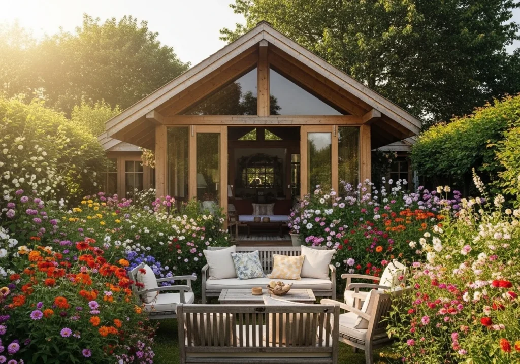 Beautiful wooden garden house surrounded by greenery and flowers with a cozy outdoor seating area.