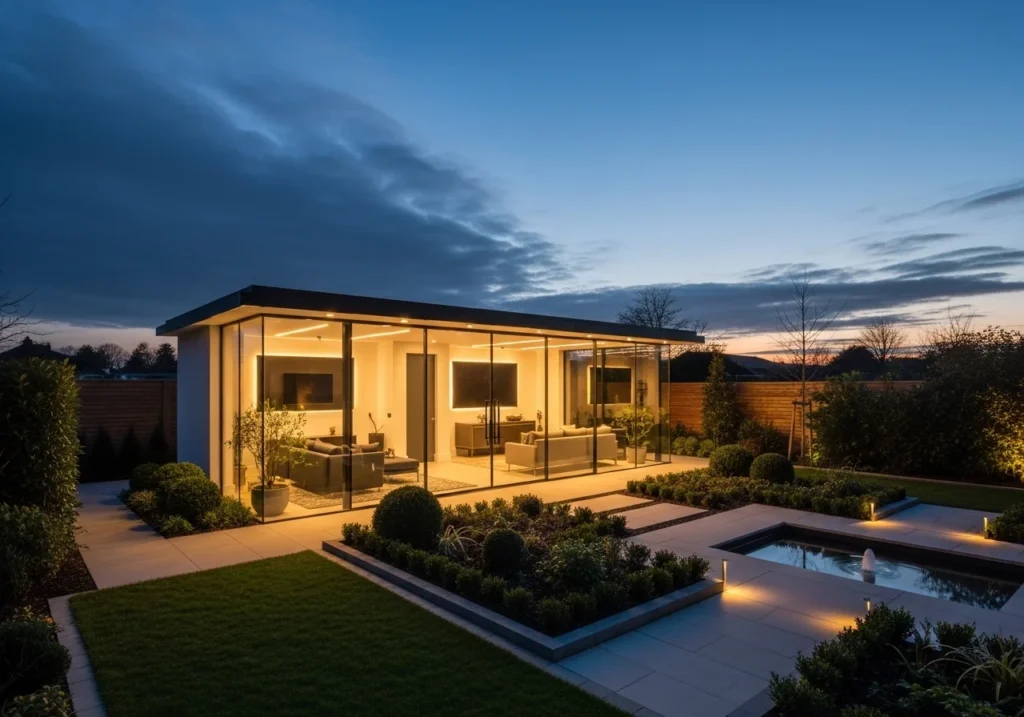 Modern garden house design with floor-to-ceiling glass panels and black steel frames in a landscaped backyard.