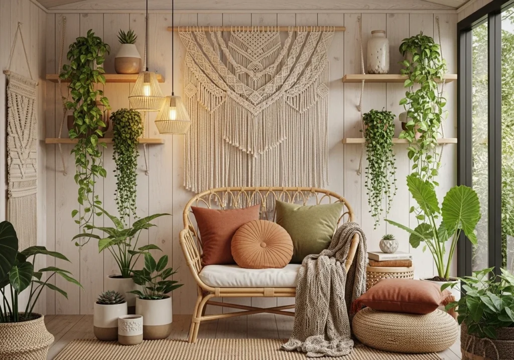 Garden house decor ideas with boho interior including macrame, rattan chair, and trailing plants.