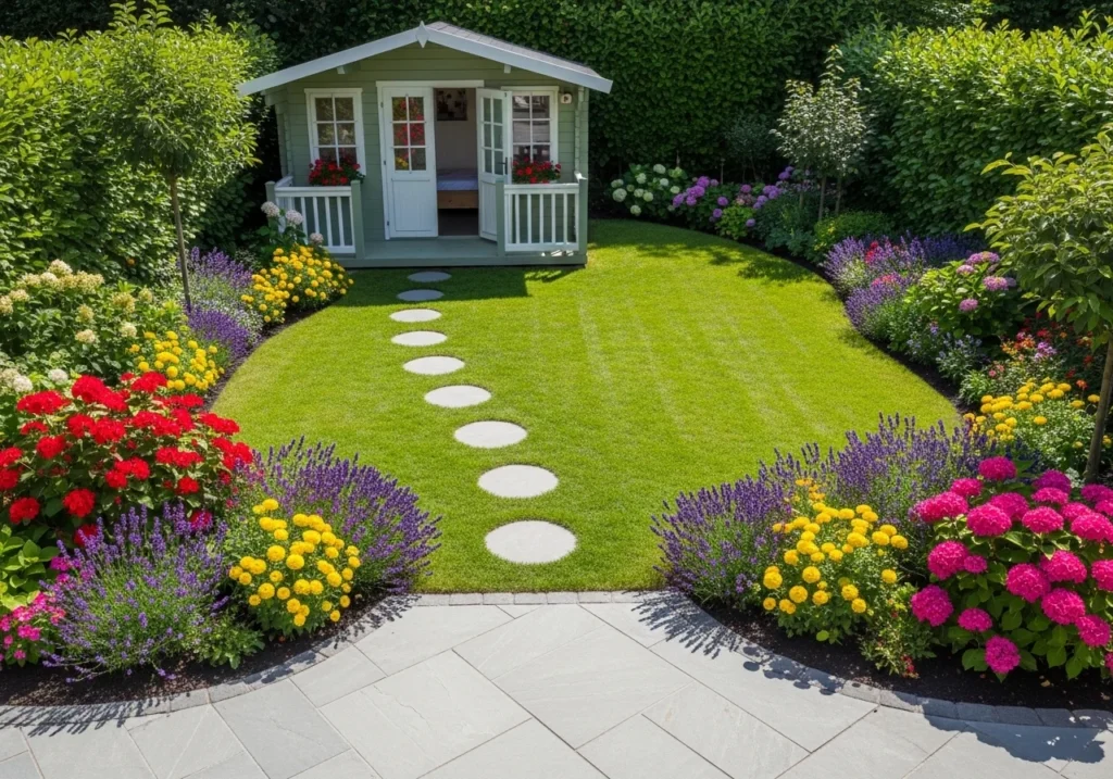 Backyard garden house placement and planning aerial view with neat lawn, flower beds, and stepping stone path.
