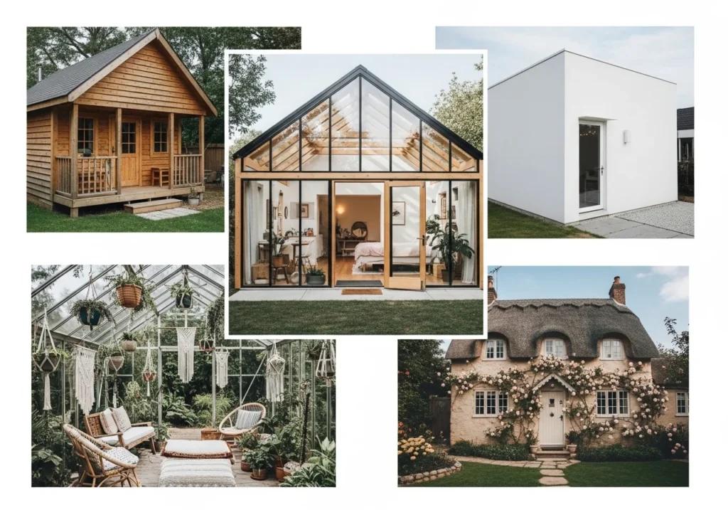 Garden house aesthetic styles comparison mood board featuring modern, rustic, boho, minimalist, and cottage designs.