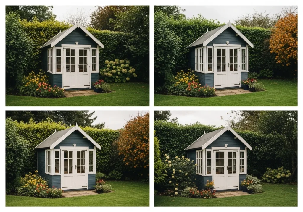 Garden house looking beautiful across all four seasons with seasonal plants, blossoms, greenery, autumn leaves, and winter lights.
