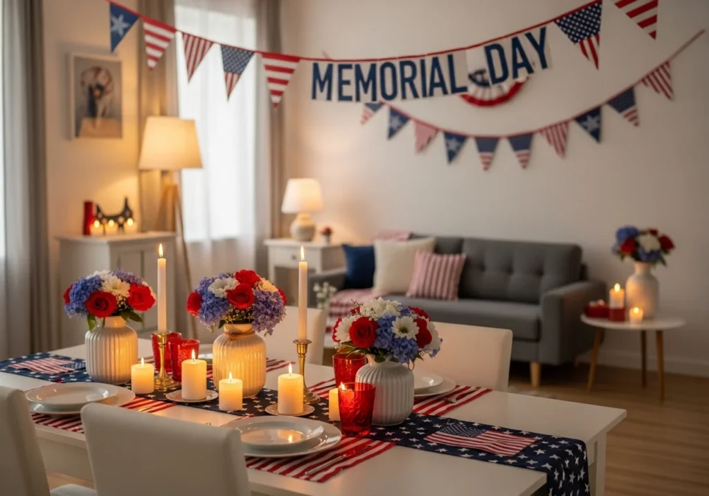 Memorial Day home decorations with red white and blue theme, floral arrangements, candles, and patriotic bunting in a cozy indoor setup