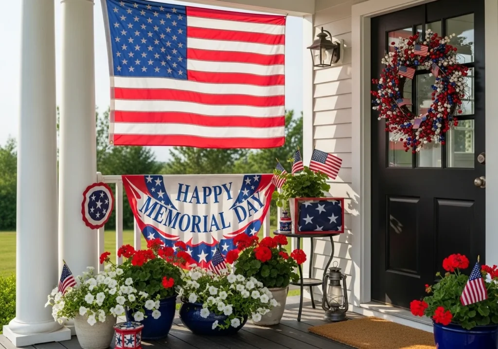 Outdoor Memorial Day porch decorations with red white and blue bunting, floral planters, lanterns, and cozy festive seating setup