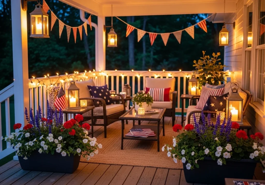 Outdoor Memorial Day porch decorations with red white and blue bunting, floral planters, lanterns, and cozy festive seating setup