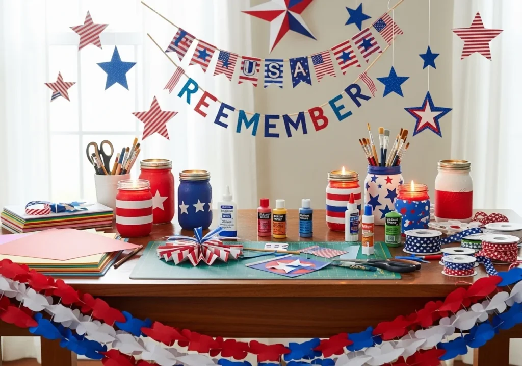 DIY patriotic Memorial Day crafts with handmade decorations, paper garlands, painted jars, and red white blue themed craft supplies on a table