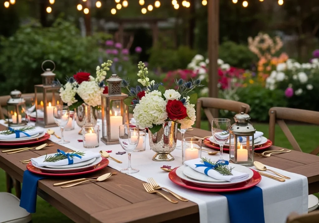 Memorial Day table setup with red white and blue themed tableware, floral centerpiece, candles, and elegant outdoor dining arrangement