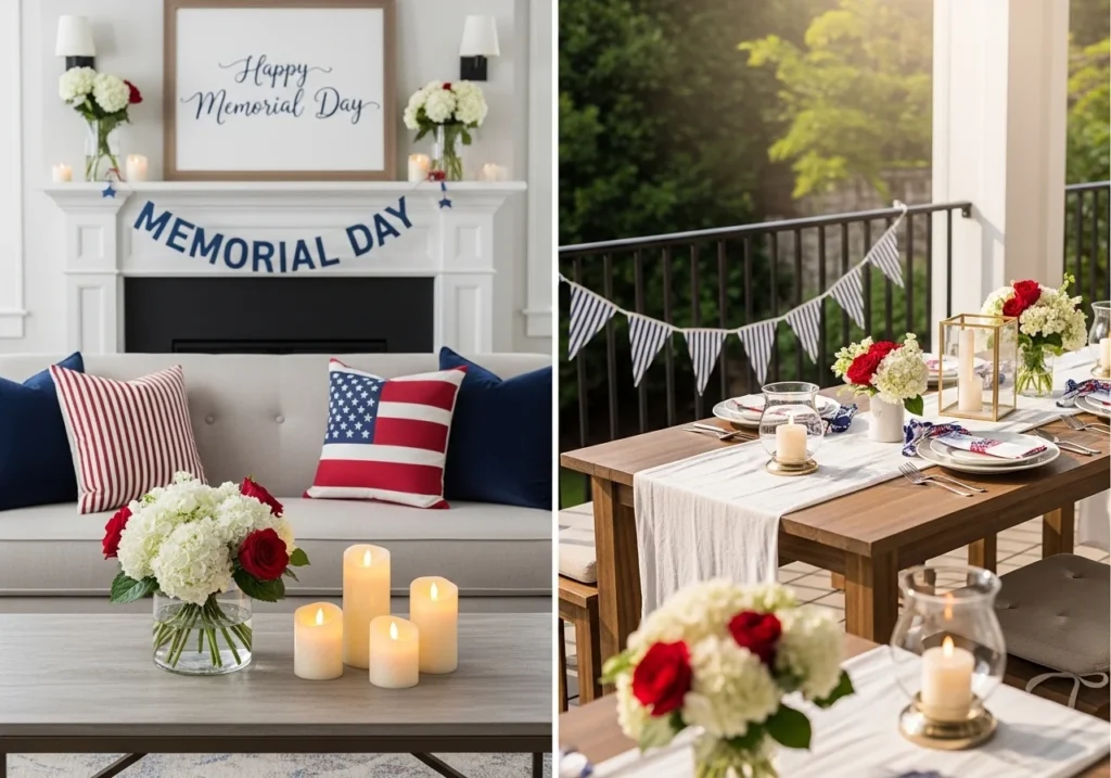 Red white and blue Memorial Day decorations with floral arrangements, candles, and festive patriotic themed indoor outdoor setup