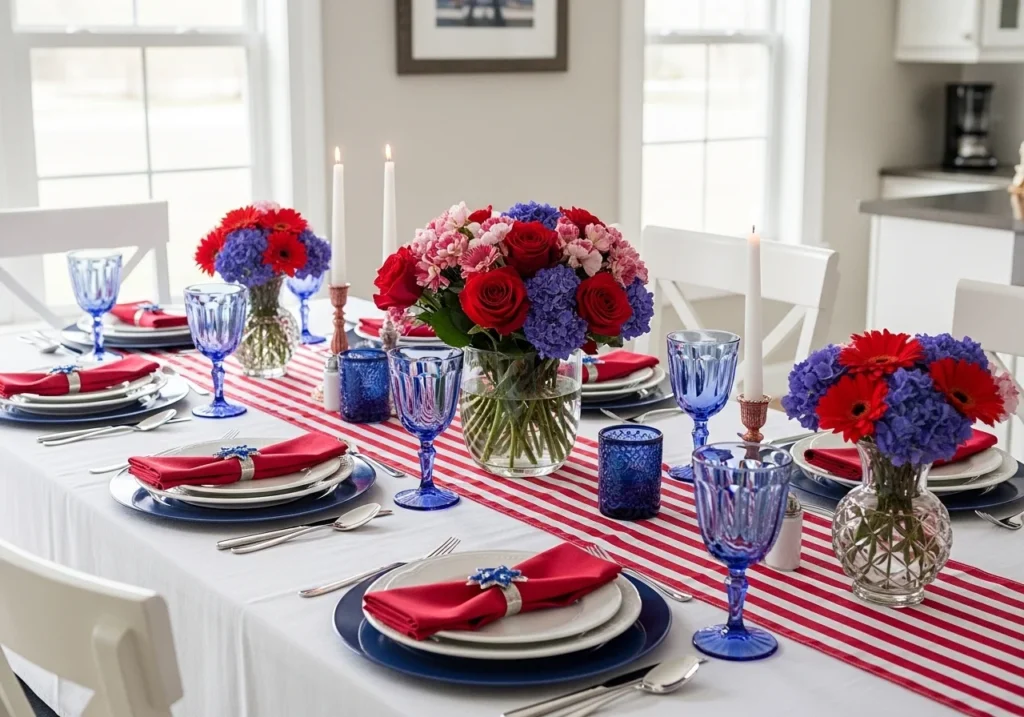 Memorial Day dining table setup with white tablecloth, navy blue chargers, white plates, red napkins, candles, and elegant layered patriotic table decor