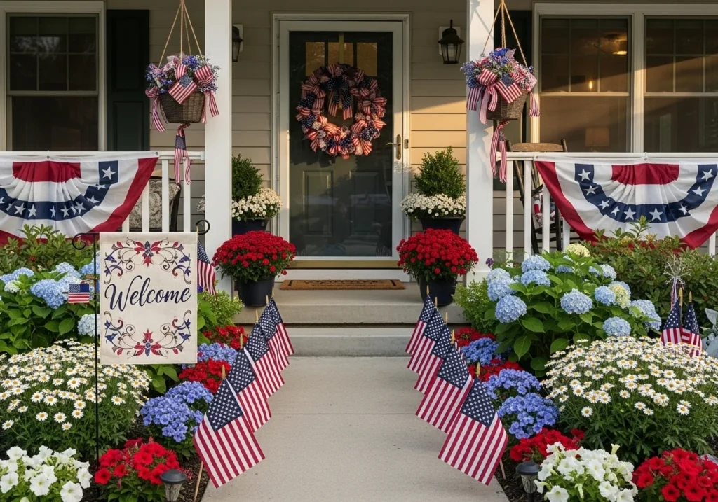 Memorial Day home exterior decorations with American flags along walkway, garden flowers, and welcome flags in a patriotic outdoor setup