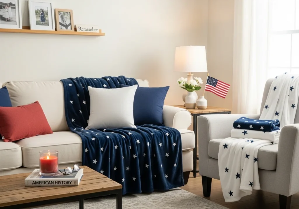 Memorial Day living room decorations with navy blue throw blankets, star patterns, and subtle patriotic accents in a cozy home setup