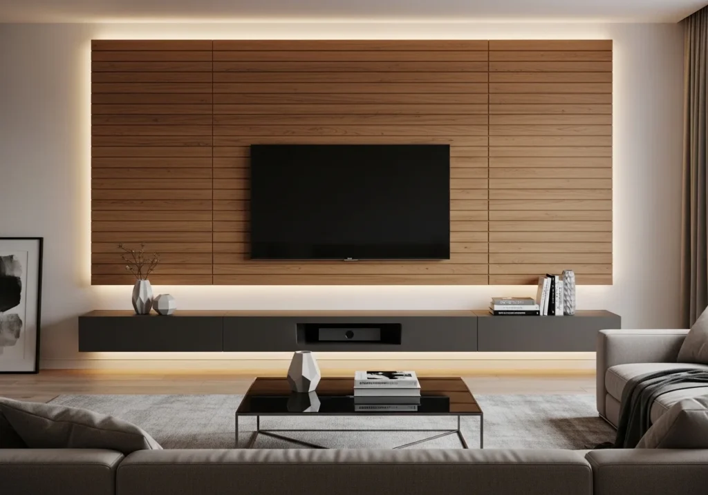 modern tv wall design with mounted tv on wooden panel wall and ambient lighting in stylish living room interior