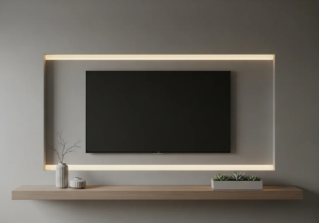 modern tv wall design with LED lighting and sleek mounted television in a stylish living room interior