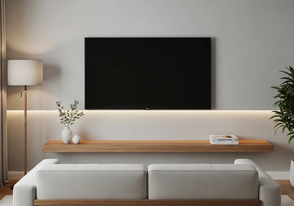 minimalist TV wall design in a small living room with a wall-mounted television, clean white or neutral background, and simple modern decor