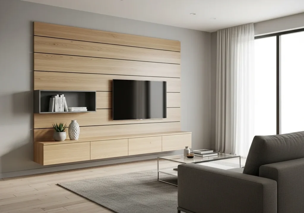 wooden TV wall panel design with wall-mounted television and warm modern living room interior