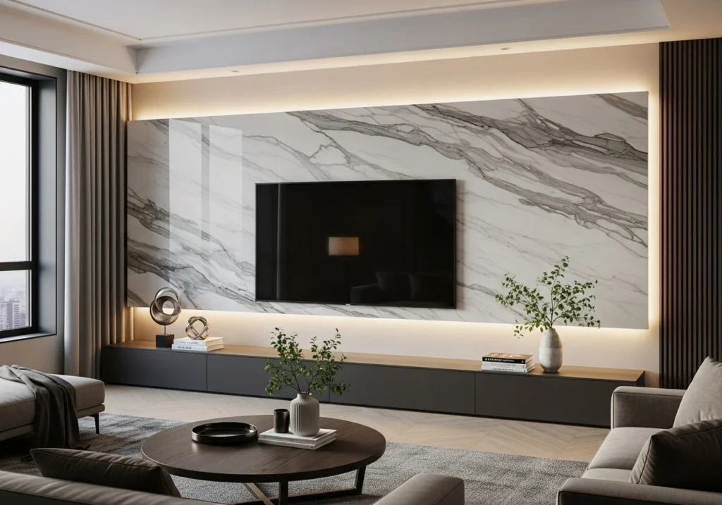 luxury marble TV wall design with wall-mounted television and elegant modern living room interior