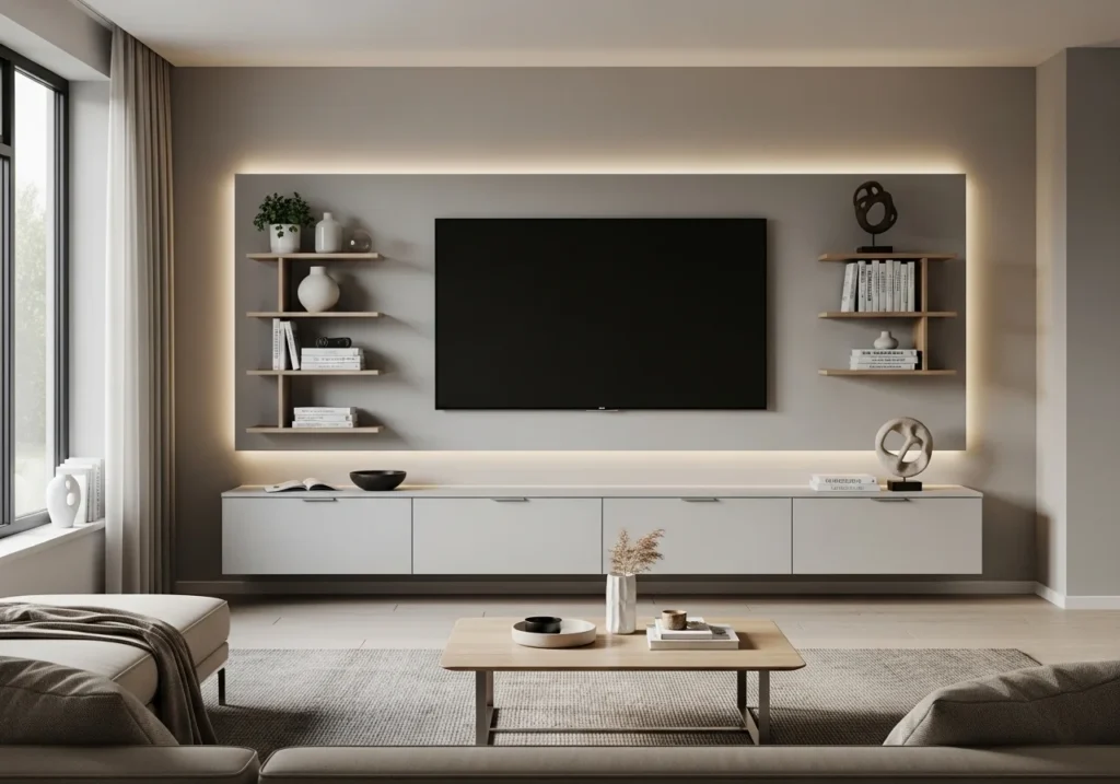 TV wall with storage cabinets and wall-mounted television in a modern organized living room interior