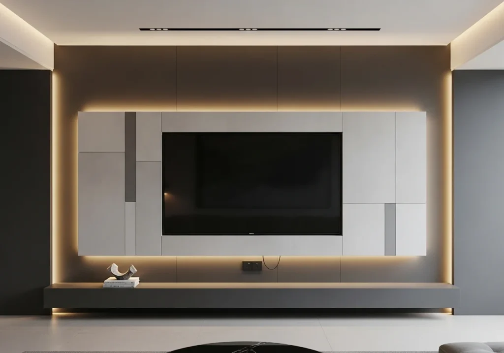 modern TV wall design with clean lines, neutral colors, and seamless built-in television in a clutter-free contemporary living room