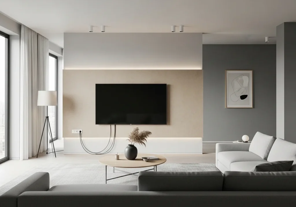 modern living room featuring a wall-mounted TV with a simple elegant backdrop, soft neutral tones, and a clean organized interior space