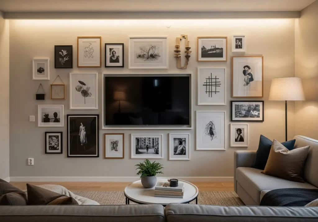gallery wall TV design with framed art and photos surrounding a wall-mounted television in a stylish living room