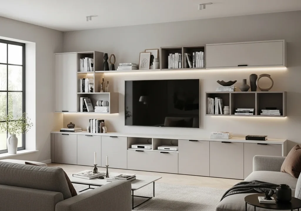 TV wall with built-in storage cabinets and hidden compartments in a modern functional family living room