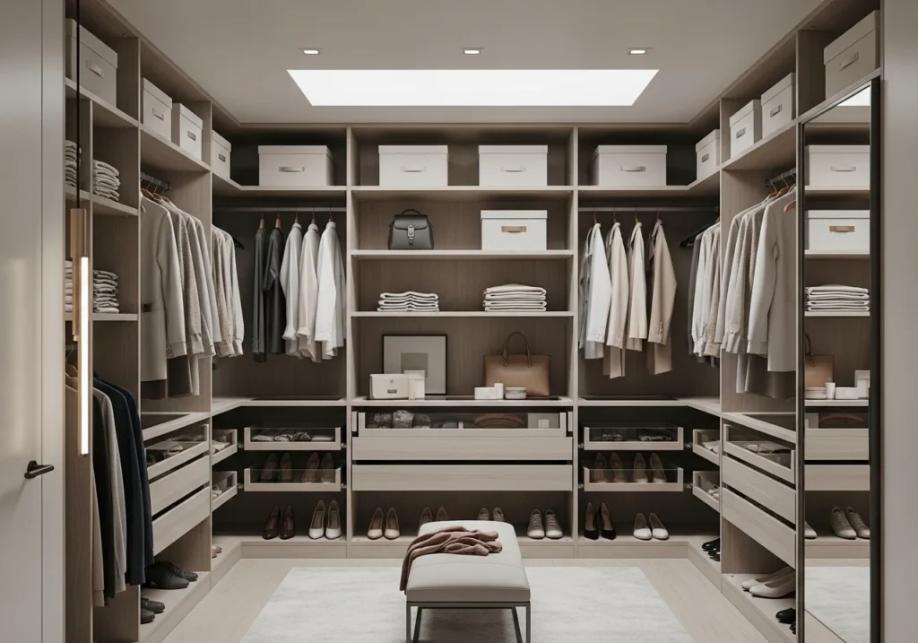 Smart bedroom closet with organized clothes, shoes, and storage system for a tidy and functional space