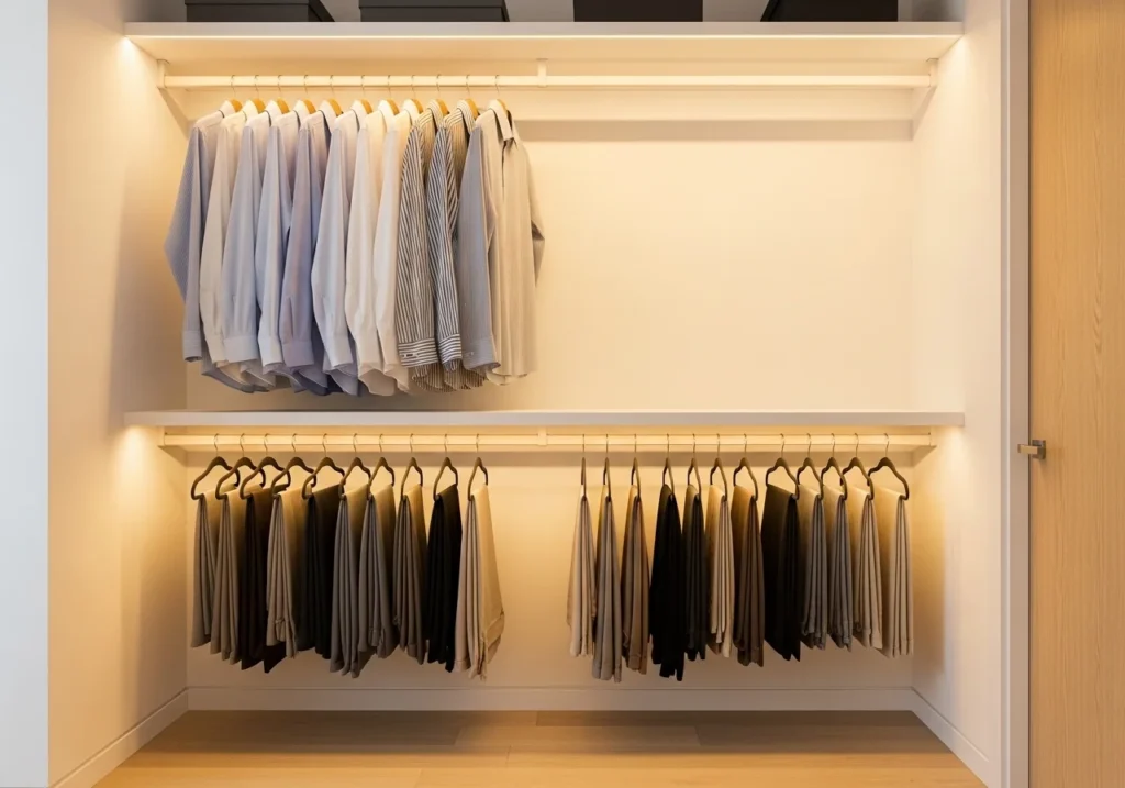 Modern bedroom closet with double hanging rods, neatly arranged clothes, and smart space-saving organization design