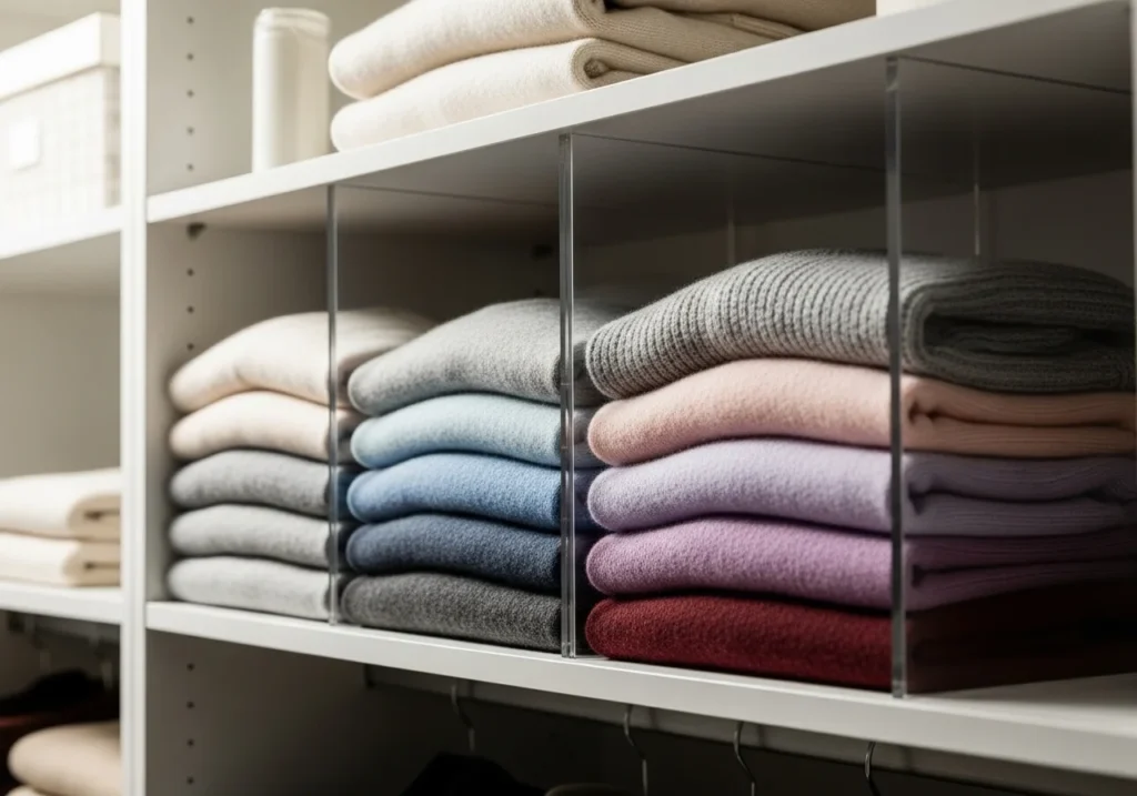 Closet shelves with acrylic dividers and neatly folded colorful sweaters in an organized and stylish storage setup