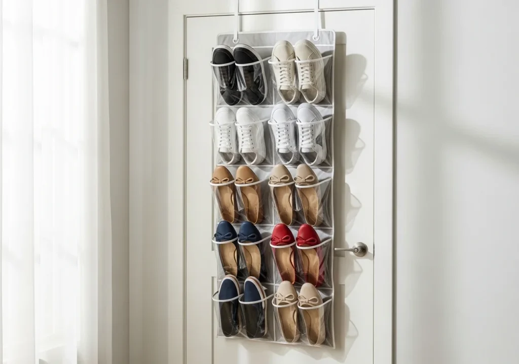 Over-the-door shoe organizer with neatly arranged sneakers and flats on a white closet door in a minimalist bedroom setup