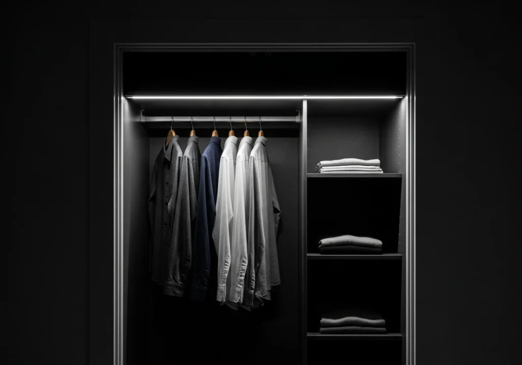 Dark closet interior with motion-sensor LED lighting revealing neatly organized clothes and shelves in a modern wardrobe setup