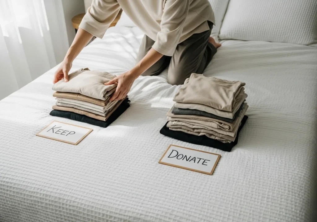 Person sorting clothes into keep and donate piles on a bed in natural sunlight during closet organization process