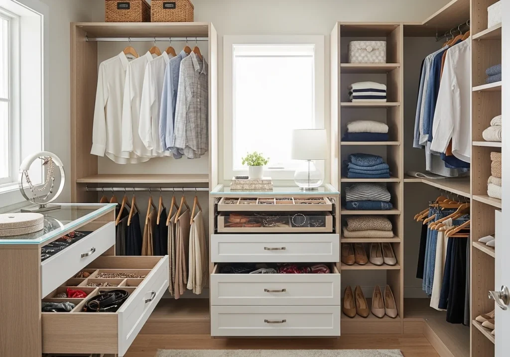 Organized bedroom closet with double rods and dividers showing smart storage ideas for a clean and functional space