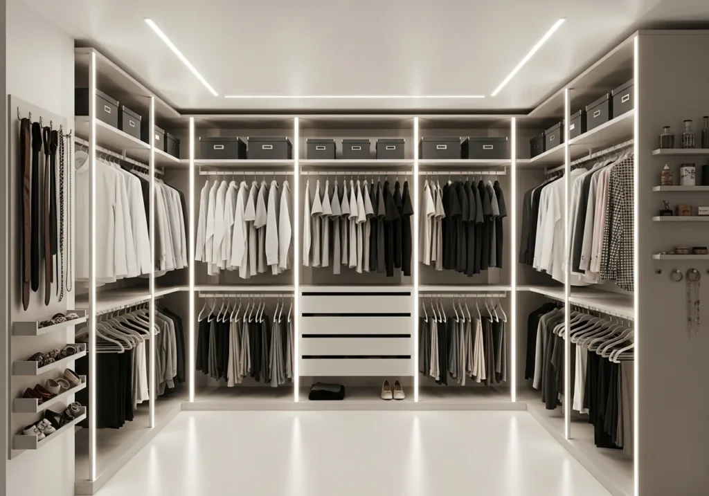 Modern bedroom closet with slim hangers, vertical storage, color-coded clothes, door organizers, and bright lighting for smart and space-saving organization