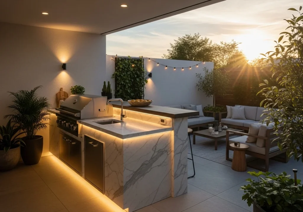 Modern outdoor kitchen with built-in grill, marble countertop, and cozy seating in a stylish backyard