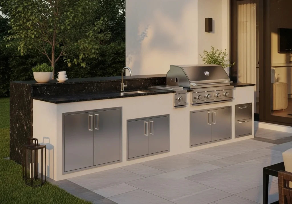 Luxury outdoor kitchen with stainless steel cabinets, granite countertop, and built-in gas grill on a modern stone patio at sunset