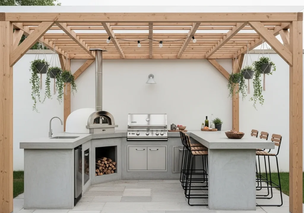 L-shaped outdoor kitchen with pizza oven, sink, and bar seating under a wooden pergola with hanging plants