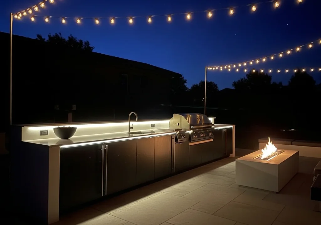 Outdoor kitchen at night with string lights, LED lighting, and a modern fire pit creating a cozy atmosphere