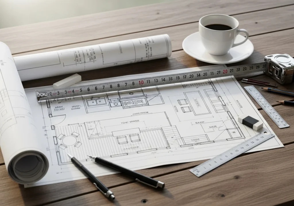 Outdoor kitchen blueprint on a wooden table with tape measure and coffee cup during planning phase