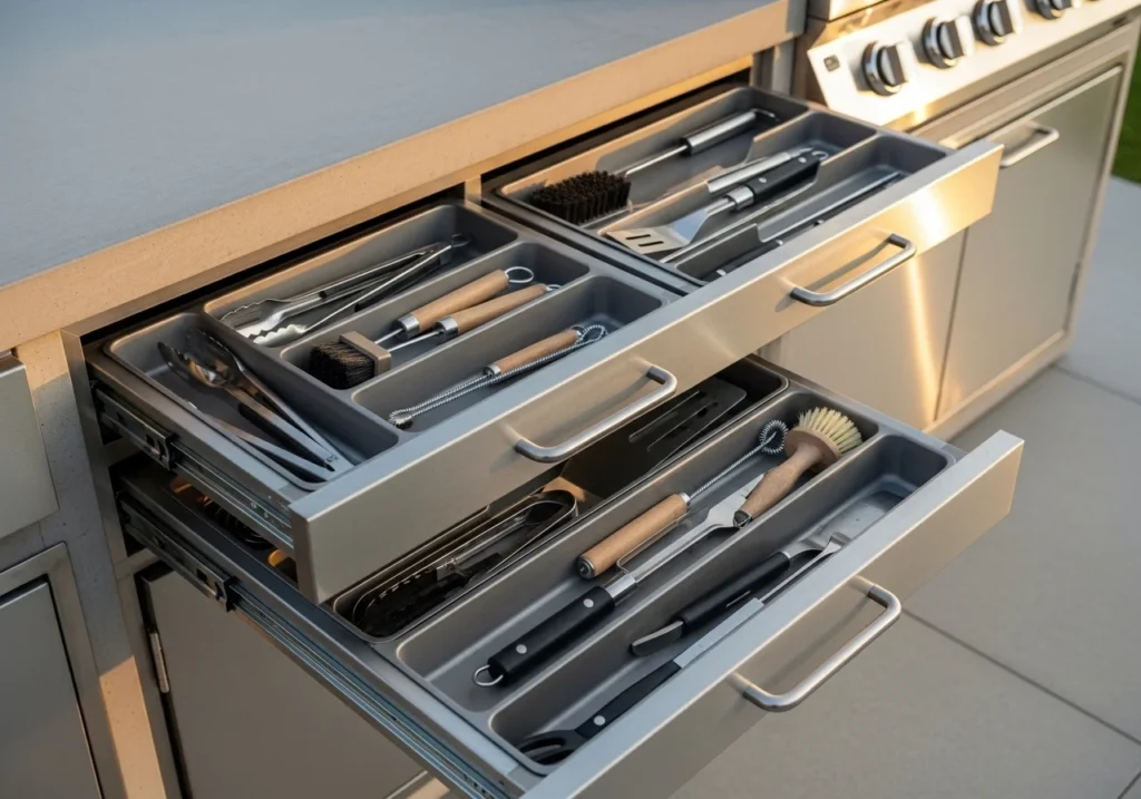 Stainless steel outdoor kitchen drawers organized with BBQ tools like tongs and brushes in a modern setup