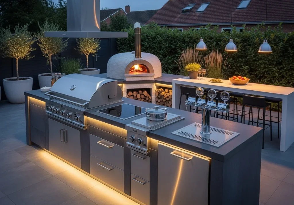 Modern outdoor kitchen with advanced appliances including pizza oven and beer tap system for outdoor cooking