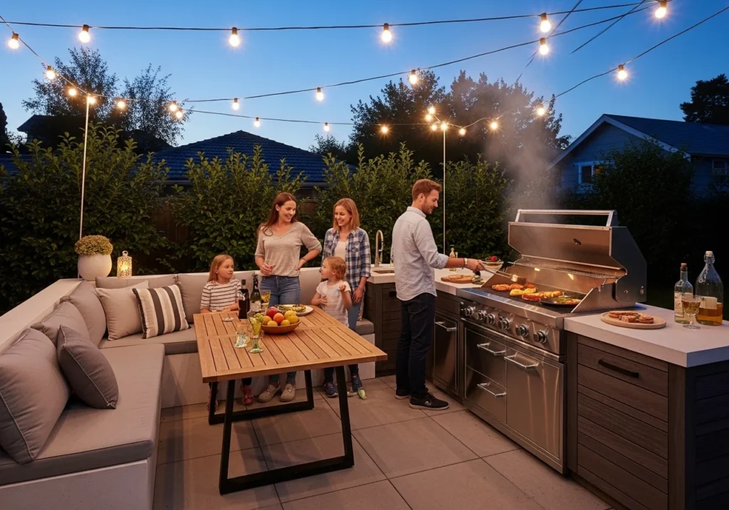 Modern outdoor kitchen with grill, smart storage, and cozy seating in a backyard with warm lighting and family atmosphere