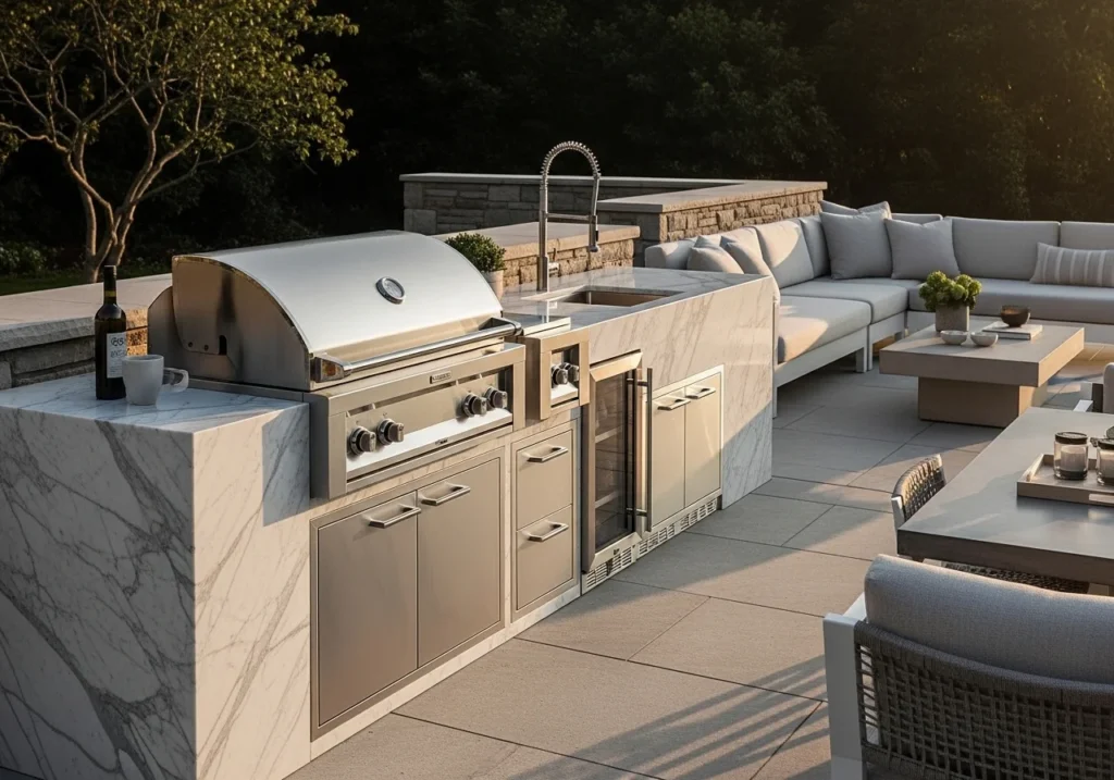 Outdoor kitchen ideas featuring a modern luxury backyard with grill, marble countertop, and stylish seating