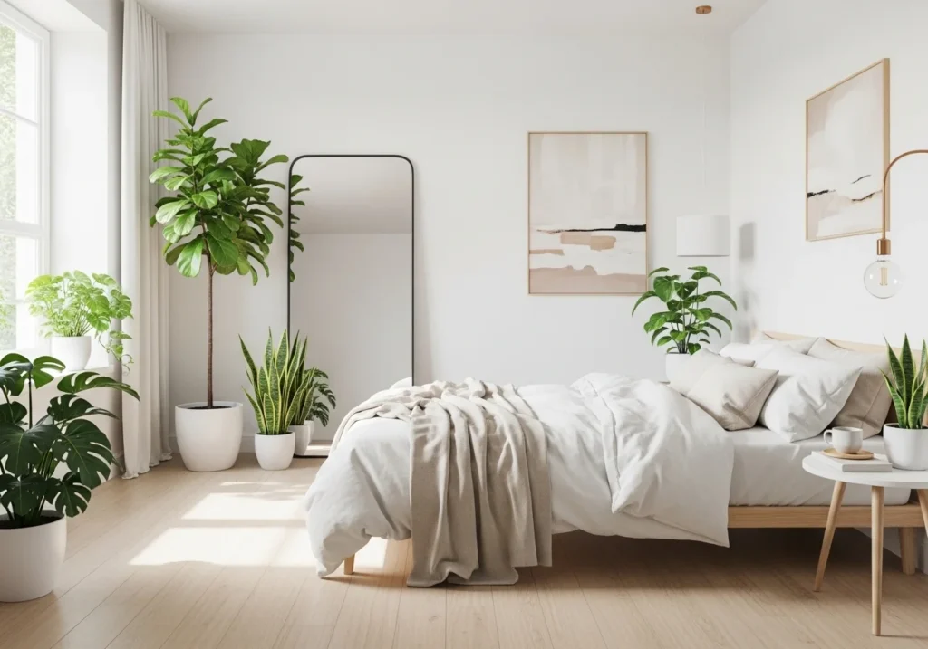 Modern aesthetic bedroom with natural light, low bed, mirror, and green plants interior design