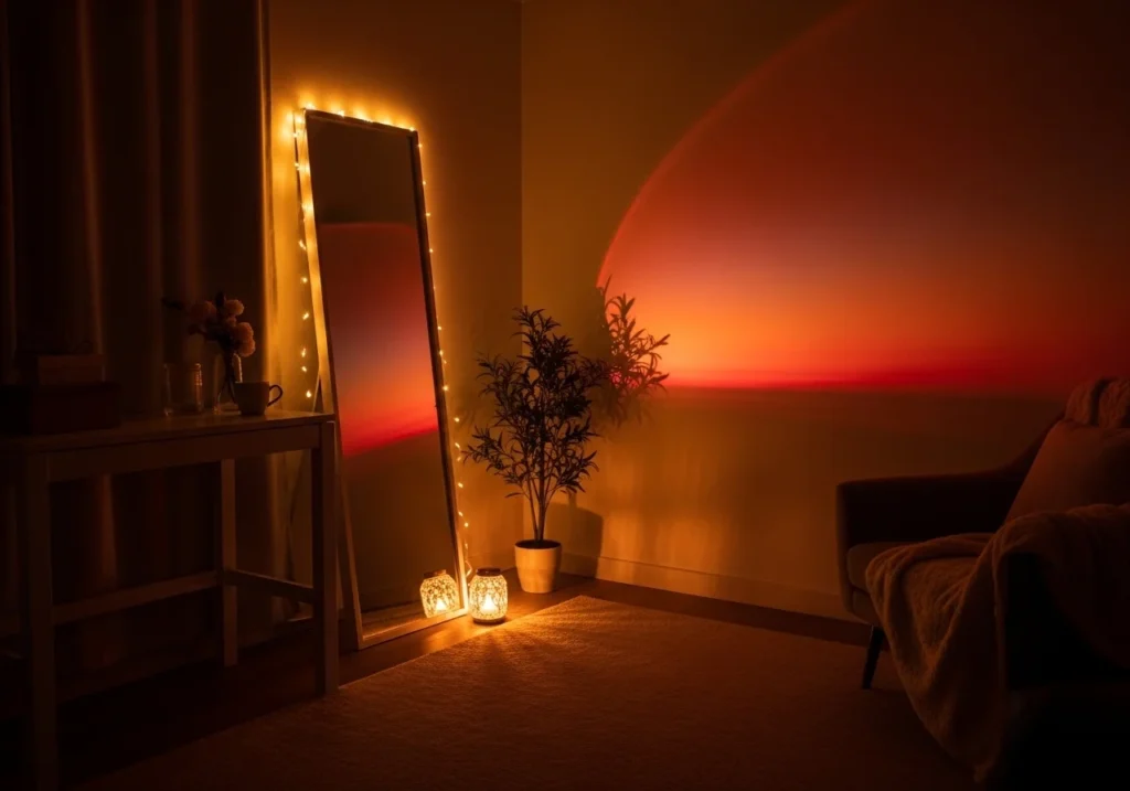 Cozy bedroom corner at night with fairy lights, mirror, and warm sunset lamp glow aesthetic setup