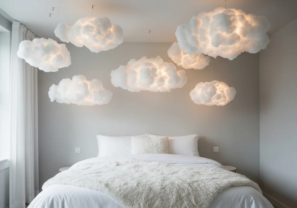 Minimalist bedroom with white duvet and cloud ceiling with warm LED lights aesthetic decor