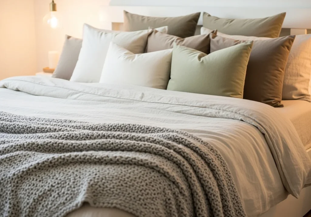 Aesthetic bedroom bed with neutral duvet, knit blanket, and velvet pillows minimalist cozy interior for article use