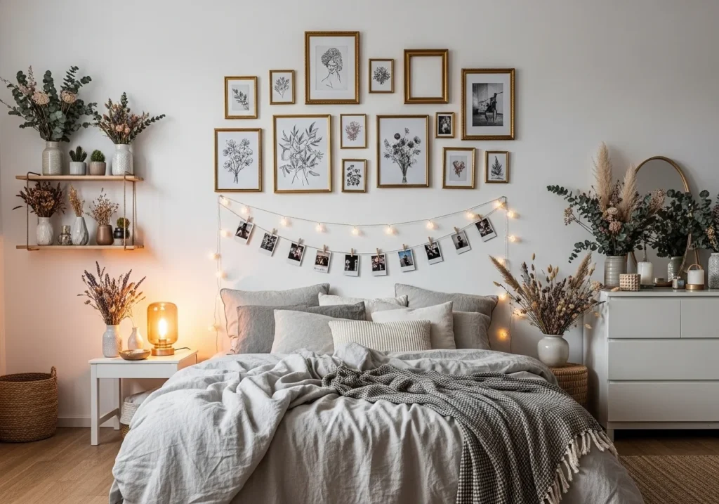 Stylish aesthetic bedroom with gallery wall, gold frames, Polaroid photos, dried flowers, cozy warm lighting interior design