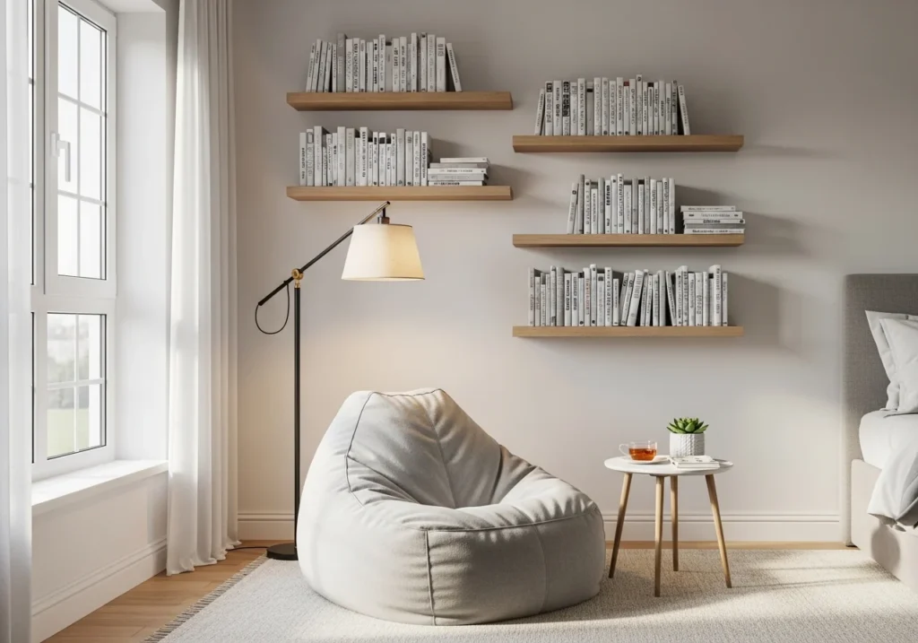 Cozy bedroom reading nook with bean bag, warm lamp, and floating shelves with books aesthetic corner design