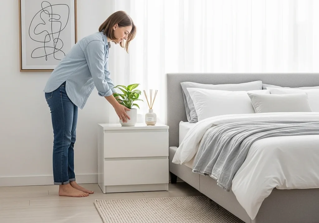 Person placing potted plant on white nightstand beside low aesthetic bed bright minimalist bedroom scene