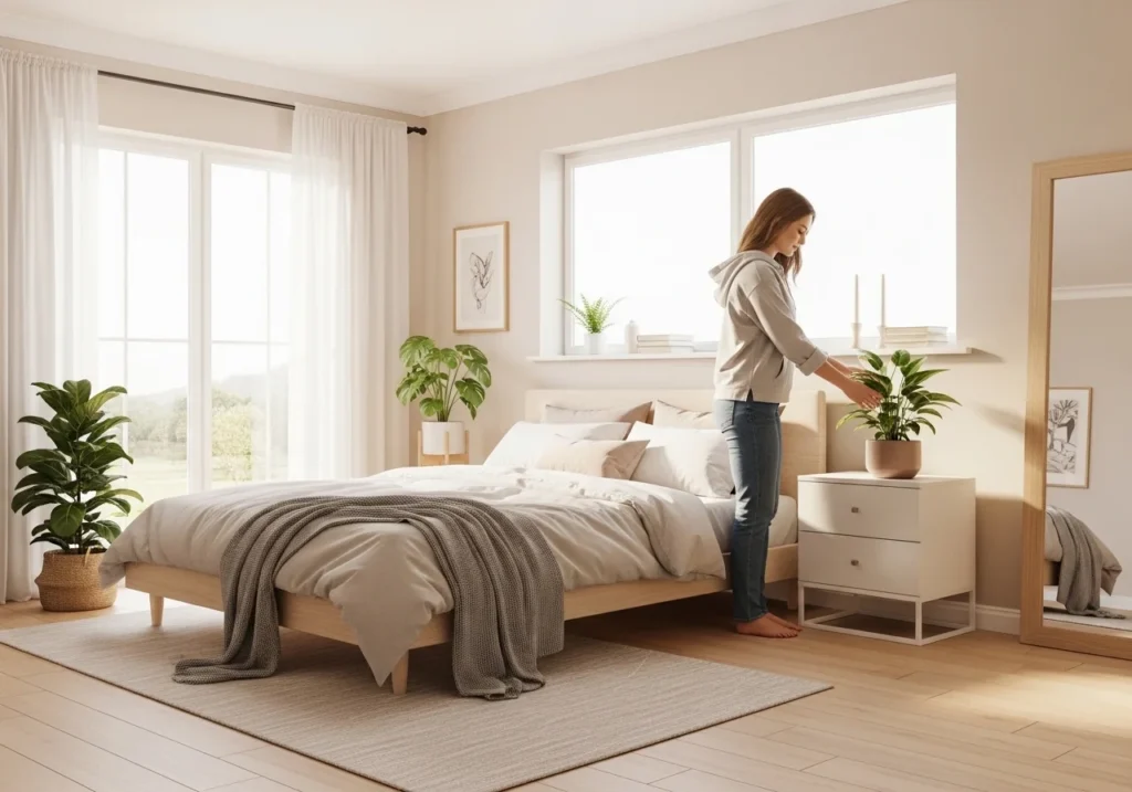 Full aesthetic bedroom with low bed, white nightstand, person placing potted plant, natural light, and minimalist modern interior design